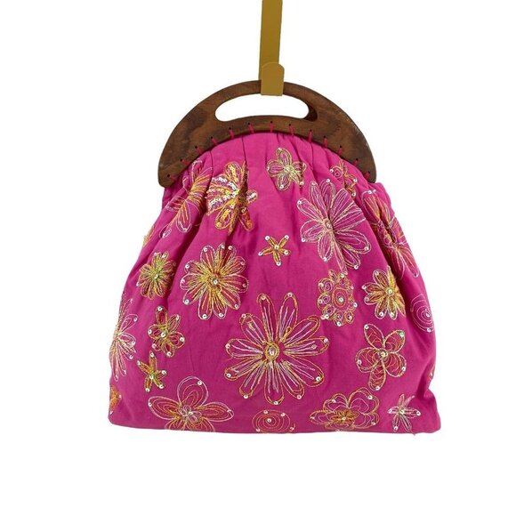 Club Med Pink Bag  Floral Embroidered and Sequin Front Wooden Handles - Picture 1 of 9